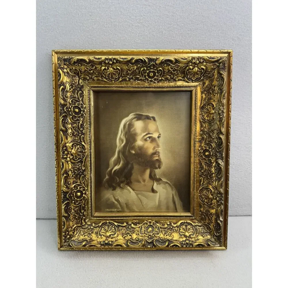 Vintage Jesus Portrait Print Ornate Gold Frame Christian Religious Wall Art